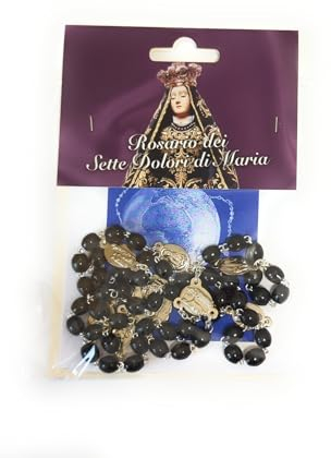 OVUNQUE PROTEGGIMI Rosenkranz aus Holz mit Buch, ovale Perlen 6 x 8 mm. Rosenkranz der 7 Schmerzen Mariens. Gebet Madonna Schmerzhaft. Rosary Chaplet of Our Lady of Sorrows