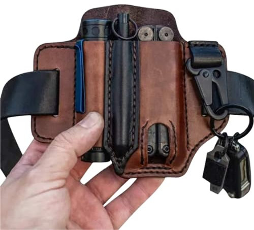 Fodero in pelle con portachiavi + Penne Clip + Fodero della fondina della torcia elettrica, Fodero in pelle EDC per Leatherman Multitools, Strumenti per il campeggio all'aperto (Giallo)