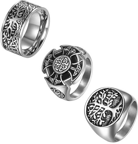 OIDEA Herren Ring Wikinger Lebensbaum: 3pcs Viking Ringe Set aus Edelstahl Retro Vegvisir Kompass drehbar Fingerring Vintage Baum des Lebens Bandring Nordischer Siegelring Geschenk für Männer