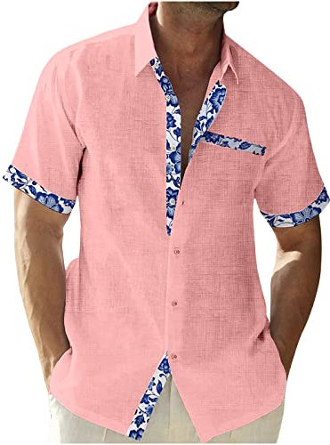 Men's Cotton Linen Short Sleeve Shirts UK Clearance Floral/Plaid Printed Patchwork Button Down Hawaiian Shirts Summer Vacation Beach Shirts Lightweight Regular Fit Casual Tops