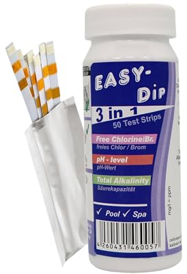 HAF® Teststreifen/Teststäbchen 3 in 1 für Pool & Spa - Genauer chemischer Tester für freies Chlor, Brom, Alkalinität & pH Wert - Menge: 1 Dose = 50 Teststreifen