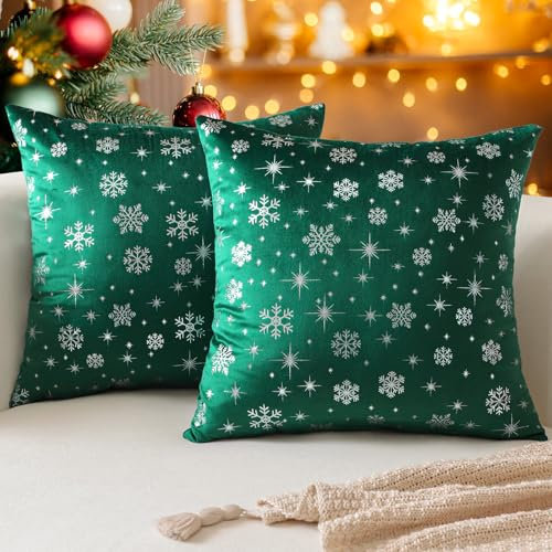 Ohok Weihnachten Gold Heißpräge Samt Kissenbezug, 2er Set Dekorativ Kissenhülle Deko Sofakissen Couchkissen Zierkissenbezüge für Sofa Wohnzimmer Schlafzimmer (Dunkelgrün Schneeflocke B, 50x50cm)