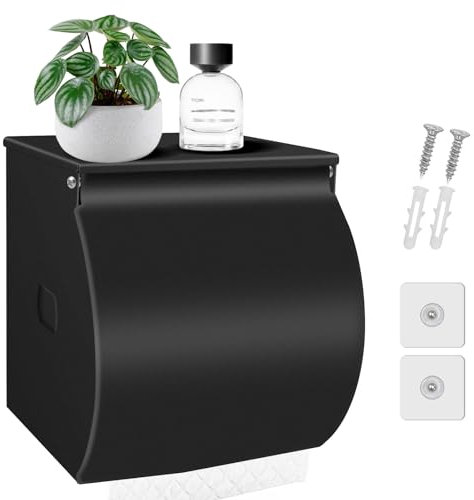 FARVIGOR Toilet Paper Holder Wall Mount, Self Adhesive Toilet Paper Holder with Shelf, Waterproof Stainless Steel Bathroom Toilet Tissue Roll Holder Cat Dog Proof, Black