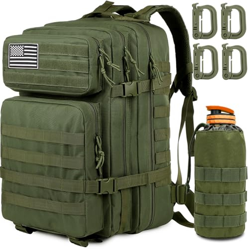 MUCHER 45L Militär Taktische Rucksack Herren mit Flaschenhalter und 4 Haken Große Wanderrucksack Molle Armee Assault Rucksack für Wandern Jagd, Trekking und Camping und Outdoor Aktivitäten (Grün)