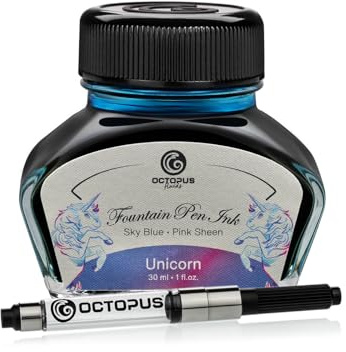 Octopus Fluids Unicorn Sheen-Tinte Blau mit Konverter, 30 ml | Mit Tinten-Konverter für Füllhalter mit Standardpatronensystem, Sheen-Effekt auf glattem, wenig saugendem Papier