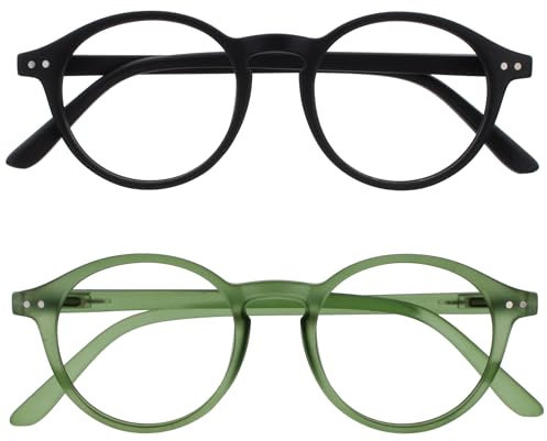 OPULIZE REY Lesebrille - 2er-Pack - Runder Retro-Rahmen - Mattschwarz, Grün - Herren Damen - Federscharniere - RR56-16 - +3.00