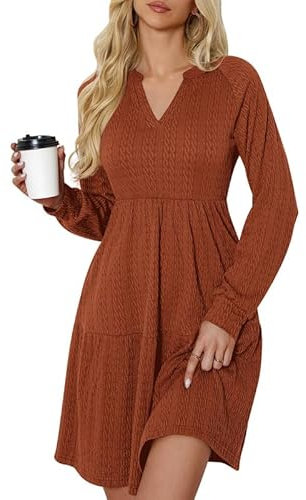 Ritiriko Damen Herbst Tunika Kleid V-Ausschnitt Casual Lose Swing Kleid Mini Kleider und Taschen Zuckercouleur L