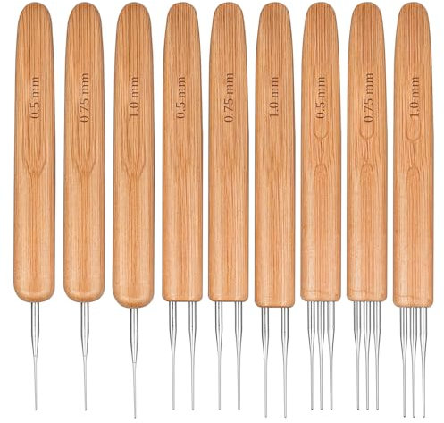 9 Stück Dreadlock Häkelnadel 0,5 mm/0.75mm/1mm Bambus Dreadlocks Nadel Weben Häkeln für Dreadlocks Zöpfe Perücke (1 Haken,2 Haken,3 Haken)