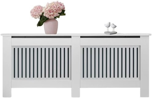 Cache Radiateur. Couvercle de Radiateur MDF avec Étagère et Lattes. Meubles au Design Moderne Fini en Grille Blanche Élégant pour Salon, Chambre,Bureau 152x82x19cm.