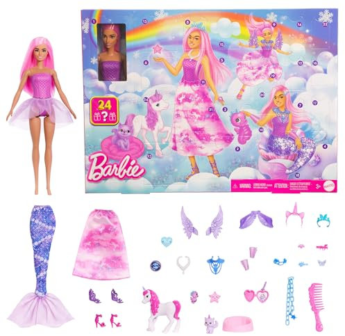 Barbie-Adventskalender mit Puppe und 24 Überraschungs-Accessoires mit Einhorn und Tieren, die Modepuppe kann in eine Meerjungfrau, Fee und mehr verwandelt Werden. ,JFL66
