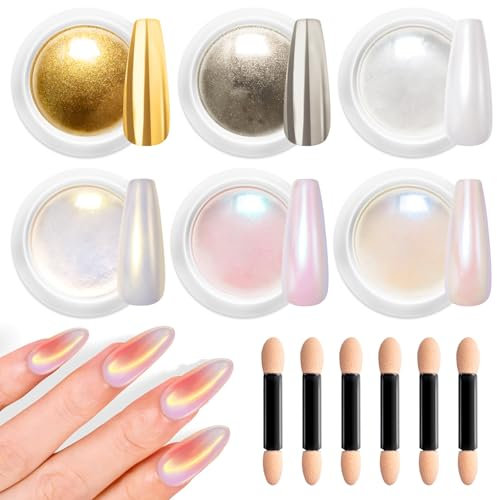 Gold Chrome Nail Powder BISHENGYF - Shiny Mirror Glitter Effect Chrome Nail Powder Fairy Mermaid White Pearl Nail Chrome Powder for Nails Art DIY Decoration