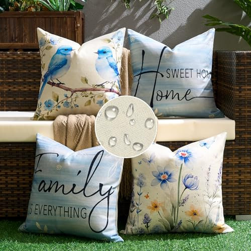Kissenbezug Wasserdicht Outdoor Dekokissen Frühling Sommer Sofakissen Blumen und Vögel Kissenhülle Leinen Blau Kissenbezüge Dekorativ Kissen für Garten Sofa Auto Wohnzimmer Bett 4er Set 40x40 cm