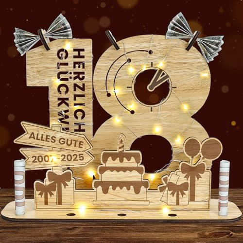Belillpipi 2025 Originelle 18 Geburtstag Deko Geburtstag Holz mit LED, Frauen & Männer Geldgeschenke Geburtstag Pixel Retro Holz-Schild Gästebuch für Geschenke, Partys, Geburtstage, Jubiläum