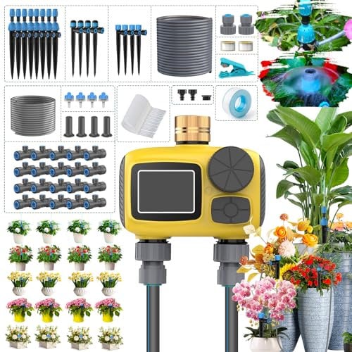 TRJZWA Programador de Riego AutomáTico, úLtimo Puerto Dual 2025 Temporizadores de Mangueras de Riego, Sistema de Riego con 3 Tipos de Rociadores, Adecuado para Jardines/Invernadero/CéSped