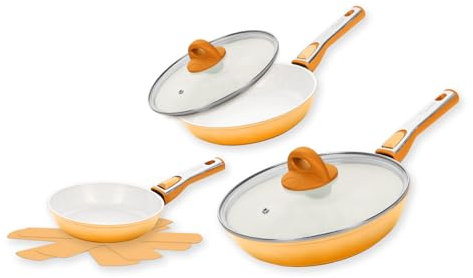 Cerafit Revolution Keramik-Pfannenset 7-teilig, 20 cm + 24 cm + 28 cm, Antihaftbeschichtung, ThermoSpeed-Induktions-Technologie, Vlies Einler inklusive, Orange