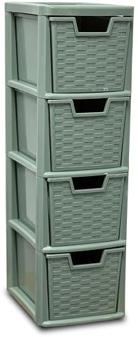 ALEEZ - Medium Plastic 4 Drawer Storage Unit – Rattan Design Sage Green – Durable Multipurpose Organizer for Home, Kitchen, Office, Bedroom, Bathroom – Chest Drawers – 19D x 25W x 62H cm