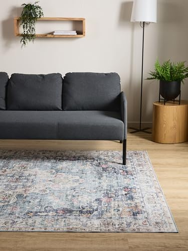 Interiyou Vintage Teppich Wohnzimmer Gent - 240x340 cm Blau - Für Schlafzimmer, Esszimmer, Kinderzimmer - Kurzflor waschbar und rutschfest, Print Muster