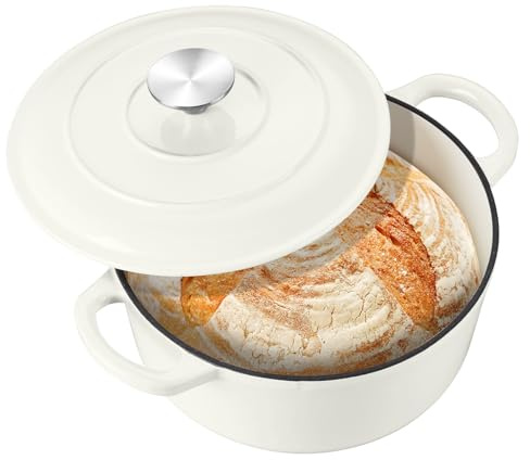 3QT Dutch Oven Topf mit Deckel, Leonyo 3 Quart Emaillierter Gusseisen Dutch Oven für Sauerteigbrot Backen, Robustes Kochgeschirr zum Schmoren, Eintöpfen, Braten, Weiß