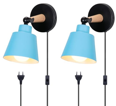 TOKIUS 2 Stücke Wandleuchten, Moderne Wandlampe aus Metall und Holz Deko E27 Fassung Verstellbarer Wandbeleuchtung Innen Wandlampe für Schlafzimmer Wohnzimmer Korridor (Blau, Mit Stecker Schalter)