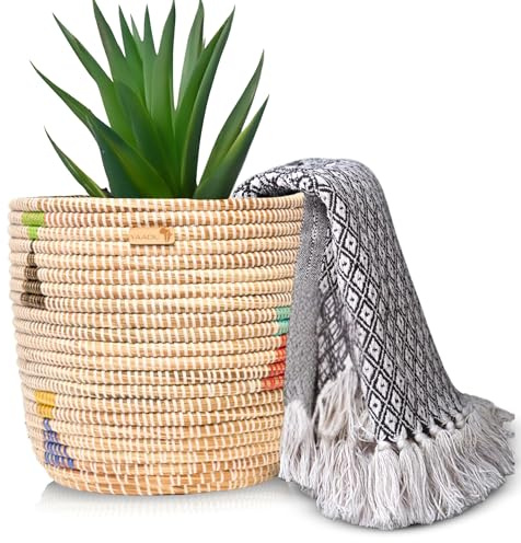 YAADU Geflochtener Aufbewahrungskorb – Pflanzenkorb, Regalkorb, Afrikanischer Korb, Pflanzentopf, Dekokorb, Übertopf, Aufbewahrung von Spielzeugen und diverser Gegenstände (Weiß-Bunt)