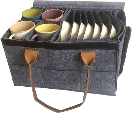 Caravan Dinnerware Holder Felt with 8 Plate Compartments & 4 Bowl Cup Holder & 8 Side Pockets, Camping Picnic Motorhome Tableware Storage and Protection Bag with Removable Divider & Lid & Handles