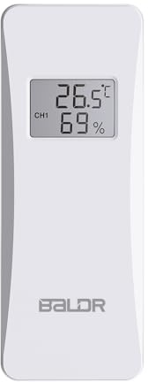 [NUR für BALDR] Wetterstation Außensensor, Thermo-Hygro-Sender mit Display - [Offizielles Zubehör] Nur für BALDR Funkstationen, Instellbar Kanal CH1/CH2/CH3 - Zusatzsender/Ersatzsensor - Weiß