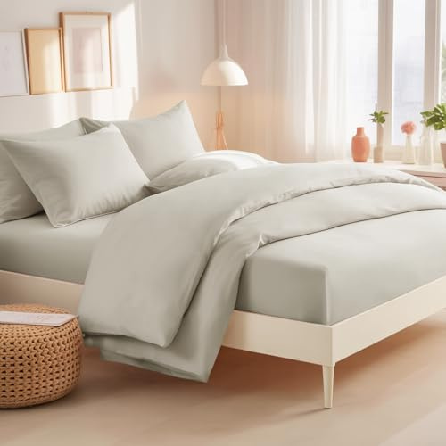 RUIKASI Super King Duvet Set 4 Piece Beige - Superking Bedding Sets Microfiber Duvet Cover with Fitted Sheet and Pillow Cases