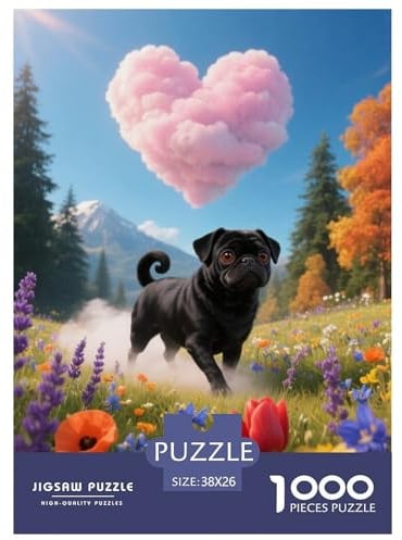 1000 Teile Mops Puzzle Für Jugendliche Und Erwachsene Schwieriges Spiel Mops Wildblumen Puzzles Aus Karton Wohndekoration Geschenkideen 38x26cm/1000pcs