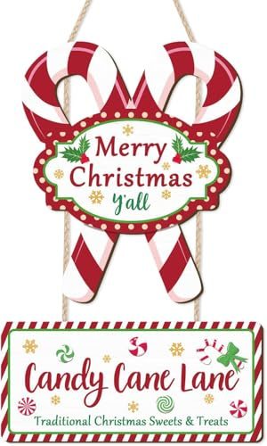 HPNIUB Merry Christmas Y'all Front Door Sign Wreath, Wooden Candy Cane Lane Christmas Winter Decoration Wall Hanging, Rustic Red Green Xmas Welcome Decor for Porch Party Outdoor