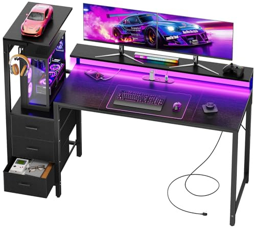 DLONGONE Gaming Desk with Drawers, 152x50 cm Computer Desk with LED & Power Outlets, Reversible Office Desk with Display Shelves & Monitor Stand, Study PC Table with Side Hooks for Home Office, Black