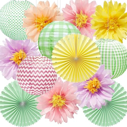Syoulin Gartenparty Frühling Sommer Hawaii Party Deko, Papier Hängedeko Set 13tlg Grünrosa mit Pompons, Lampions & Papierfächer, geeignet für Gartenparty, Hochzeit, Geburtstag, Babyparty