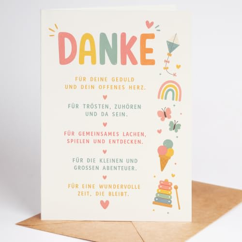Lovely Cards Danke Erzieherin – Liebevolle Dankeskarte zum Kindergarten Abschied – Für Geduld, Zuhören, Spielen & Entdecken – Geschenk von Kindern inkl. Umschlag - Geschenk Erzieherin Danke