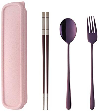 SBOMHS 18/10 Stainless Steel Chopsticks Spoon Fork Portable Cutlery with Case Set for School Home Office Camping Travel Outdoor Purple Colored