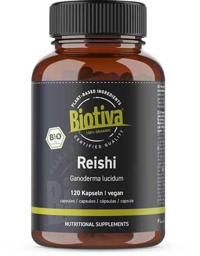 Reishi Bio 120 Kapseln - Ganoderma lucidum - Glänzende Lackporling - Vitalpilz - Pilz der Unsterblichkeit - ohne Zusätze - Vegan - Abgefüllt und kontrolliert in Deutschland - Biotiva