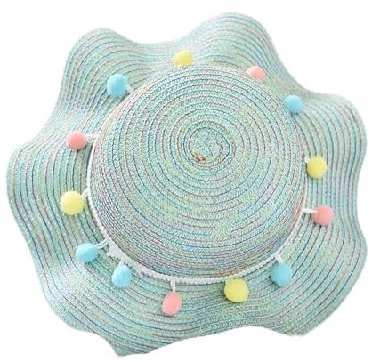 des Strohhut Der Farbballs Sommerkinder Breiter Jungen Weiblicher Hut des Weiblichen Hutes des Gewellten Hutes Der Seite (Color : Grün, Size : One Size)