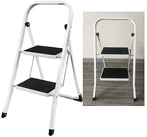 Safety Folding Step Stool | 2 Step Ladder | Portable Foldable Stepladder | Anti Slip Feet, Strong Sturdy Steel, 150KG Max Capacity, Ideal for Home/Kitchen/Garage Black