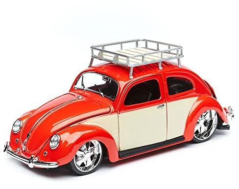 Maisto Volkswagen Käfer ´56: Originalgetreues Modellauto 1:18, mit Dachgepäckträger, bewegliche Türen, Koffer- & Motorraum zum Öffnen, 23 cm, rot-creme (532614)