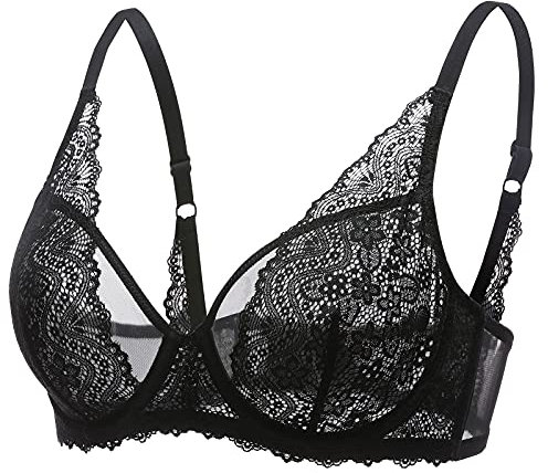 DOBREVA Damen Spitze Minimizer BH mit Bügel Sexy BH Große Brüste Durchsichtig Ungefüttert Schwarz 75F