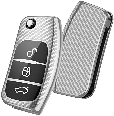 OATSBASF Autoschlüssel Hülle Geeignet für Ford Fiesta Focus Galaxy Fusion Mondeo C-Max S-Max Bantam,Seat 3-Tasten Schlüsselhülle Cover TPU Schlüsselbox (Silber-Streifen)
