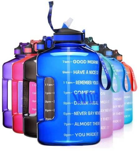 ETDW 3,78 Liter Sportflasche mit Zeitangaben BPA-Frei, Wiederverwendbare Trinkflasche mit Strohhalme Sportflasche mit Starkem Griff Blau