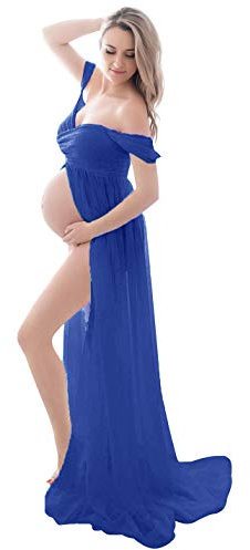 FEOYA Robes Enceintes Maternité Photographie Robe Sexy Longue Jupe en Mousseline de Soie Fente Avant pour Souvenirs Photographie Bleu XL