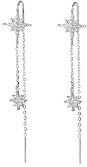 SLUYNZ 925 Sterling Silber Stern Ohrringe Kette für Frauen Damen Lange Ohrringe Stern Tropfen Quaste Ohrringe Einfädler (Silber)