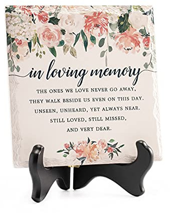 LukieJac In Loving Memory Ceramic Tile with Wooden Stand, Remembrance Sympathy Gifts for Loss of Loved One- Bereavement/Condolences/Grief Gifts-Funeral Decor Sorry for Your Loss -Flowers(3 Options)