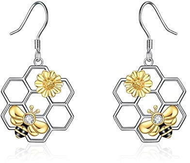 Bee Earrings Sterling Silver Honeycomb with Bee Bumble Bee Dangle Earrings Sunflower Jewellery Gifts for Women Teen Girls