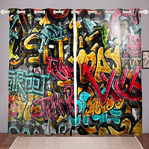 Hippie Graffiti Blickdichte Vorhänge Dekorde Jungen Teenager Hip Hop Straßenkultur Kinder Jugend Wand Graffiti Kunst Vorstehende Graffiti Muster Raumdekor Fenstervorhang Wohnzimmer 245x140cm