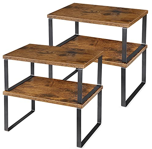 Cabinet Storage Shelf Organizers Stackable Expandable Kitchen Spice Racks Countertop Shelves Set of 4 Wood Storage Racks for Kitchen Table Brown