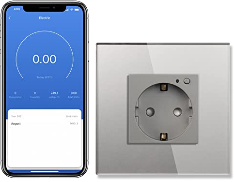 BSEED Enchufe Inteligente Con Cristal,WIFI Enchufes de pared Con Medidor de Energía,Control Remoto y Temporizador,Requiere Cable Neutro,1 Enchufe WiFi con Medición,86mm Gris