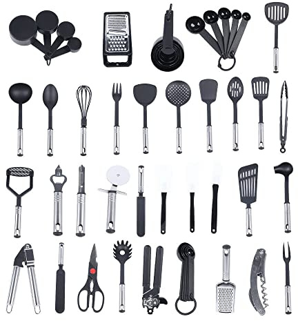 Juego de 40 utensilios de cocina de silicona – Juego de cubiertos de cocina negro