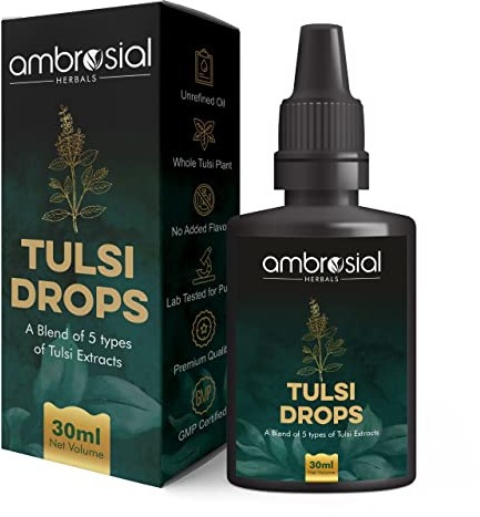 Ambrosial Tulsi Drops Concentrated Extract Of 5 Tulsi 30ml | Natural Immunity Booster | Relieves Cough & Cold | Raw Extract of Holy Basil Leaf (30ml)