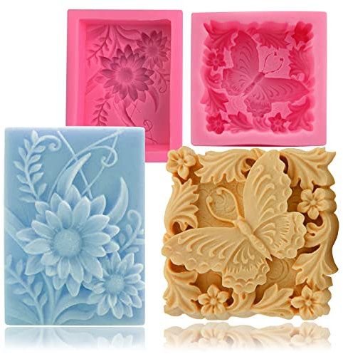 Paquete de 2 moldes de jabón de flores de mariposa para hacer jabón, molde de silicona floral 3D para jabones hechos a mano, bombas de baño, barras de loción, cera de abejas, velas, arcilla polimérica